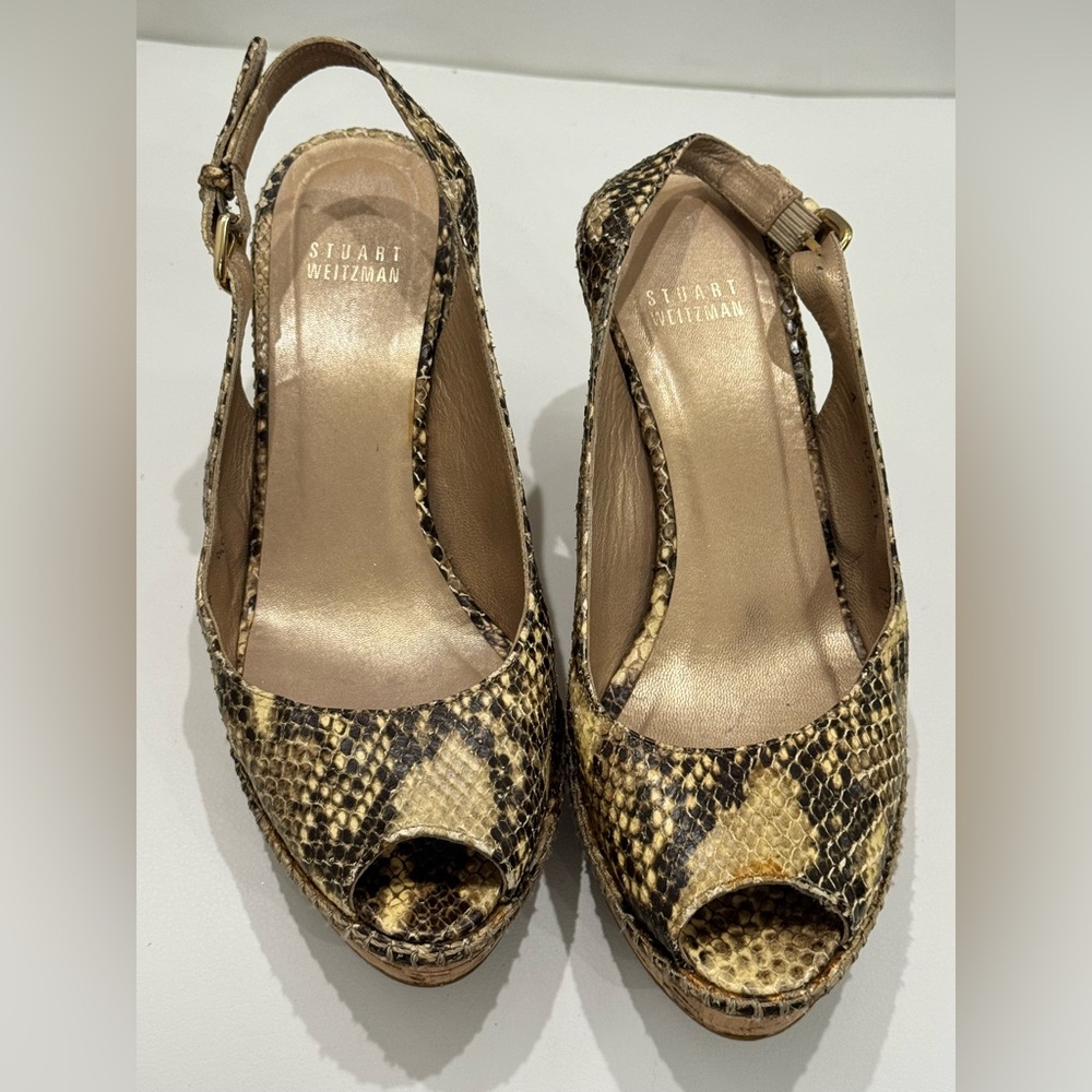 Stuart Weitzman Snakeskin Wedge Peep-Toe Shoes
